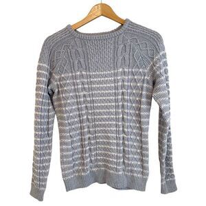 Vineyard Vines Grey and White Cotton Striped Cable Knit Crewneck Sweater